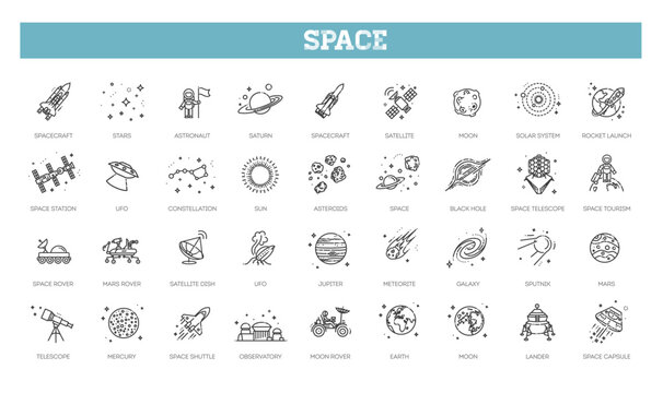 Space Exploration icons Pack. Thin line icon collection. Outline web icon set