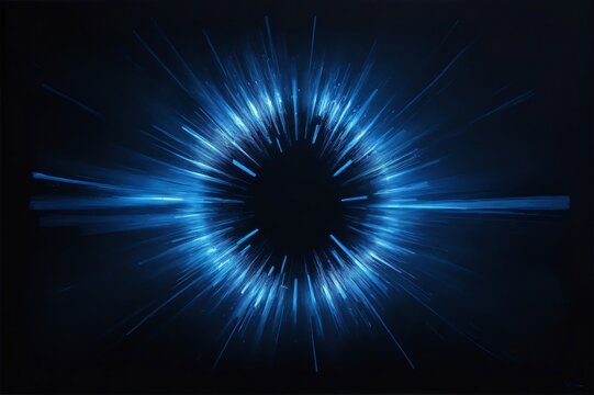 An abstract painting of a black background with streaks of neon blue light radiating from the center.Created with generative AI