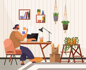 Home office. Interior vector illustration. Work from home. Office area is thoughtfully arranged for optimal productivity Working from home offers flexibility to balance work and personal life
