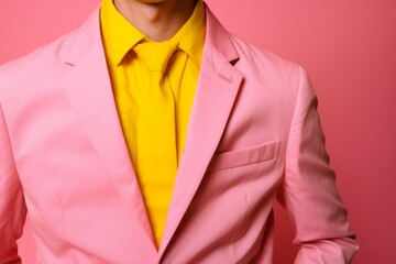 Unrecognizable stylish man unknown guy male model in trendy pink suit jacket with yellow shirt tie fashion store clothes shop discount vivid clothing discount unknown isolated wall studio background