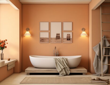 Minimalist bathroom room in beige colors