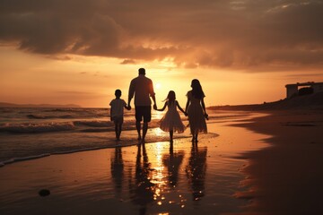 Happy family walking at the beach at sunset