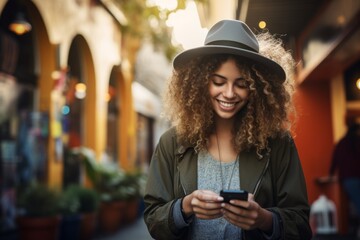 Happy cheerful young girl woman female lady user in old city outdoors college student looking to phone smiling scrolling mobile app social media browsing smartphone navigation application cellphone