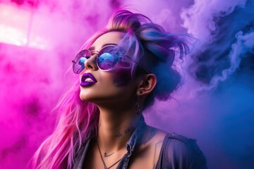Cool girl on violet smoke background