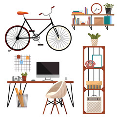 Modern interior design items set concept of creative office room inside workspace, workplace with computer. Business work flow elements, things, equipment, objects, furniture, houseplants and bike