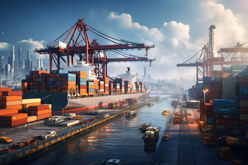 Fototapeta premium Container ships docking at a busy port