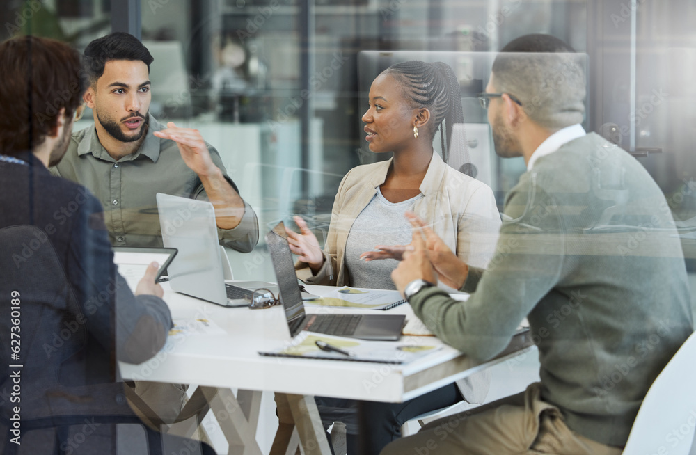 Poster meeting, collaboration and business people in discussion in the office while working together. teamw