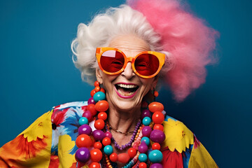 smiling old lady with sunglasses and colorful blouse,  explosive pigmentation, playful poses, bold, colorful, large-scale, pop inspo