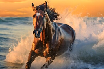 a horse is running in the sea