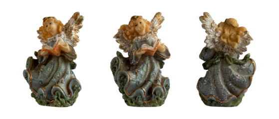 angel with book isolated vintage sculpture from different angles with wings in green dress on transparent background
