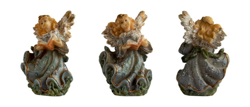 angel with book isolated vintage sculpture from different angles with wings in green dress on transparent background - Powered by Adobe