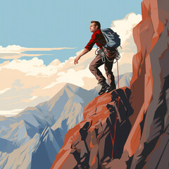 Illustration of a mountain climber climbing a mountain. He is on an extreme journey to the top. Using tools to climb mountains.