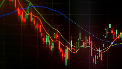 Descending japanese candles showcasing crypto or stock graph, financial market concept, bearish trend and potential selling opportunities, close-up
