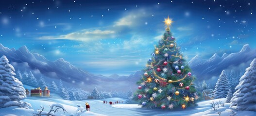 Illustration of Christmas trees in the forest. Merry holiday celebration.