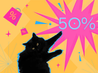 A bright banner with a black cat, sales and discounts. A collage in the style of pop art with a cat. Surreal art. Vector illustration.