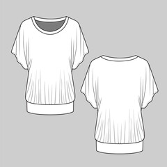 Women Short Sleeve Dolman Drape Top Fashion Tee Flat Sketch Technical Drawing Template Vector Design