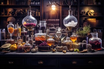 Fototapeta na wymiar , A quirky mad scientist several cocktails with alcohol , generative artificial intelligence
