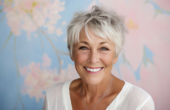 Senior woman with short hair posing against a floral print wall.