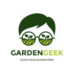 Garden geek vector logo template. This design use garden, glasses, and hair symbol. Suitable for farming.r