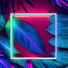 Creative fluorescent color layout made of tropical leaves with neon light square. Flat lay. Nature concept.