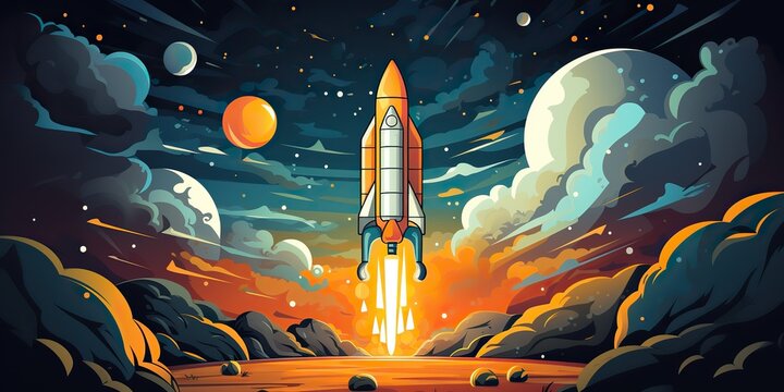 AI Generated. AI Generative. Cartoon rocket go fly up launch. Space galaxy adventure travel. Graphic Art