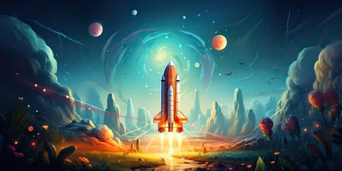 Poster AI Generated. AI Generative. Cartoon rocket go fly up launch. Space galaxy adventure travel landscape view. © Graphic Warrior