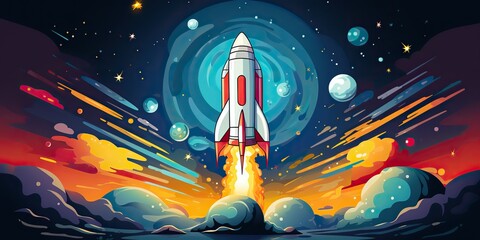 AI Generated. AI Generative. Cartoon rocket go fly up launch. Space galaxy adventure travel landscape view.