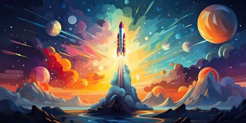 AI Generated. AI Generative. Cartoon rocket go fly up launch. Space galaxy adventure travel landscape view.