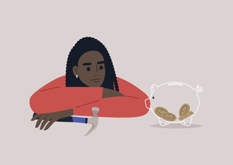 A young African character deliberating whether breaking a piggy bank is necessary to fulfill their financial plans