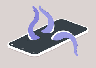 A mobile phone with octopus tentacle spreading out of the screen, a social media addiction, ethics in new technologies © nadia_snopek