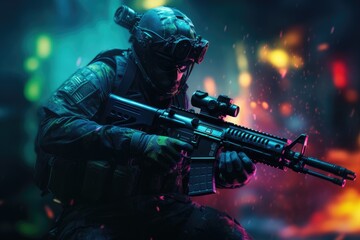 Soldier with full combat gear in night mission. Generative AI