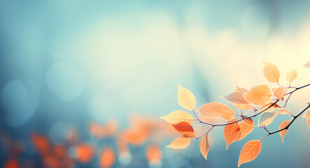 Fototapeta na wymiar Abstract autumn nature background, with leaves on a branch, glowing sun and warm seasonal colors