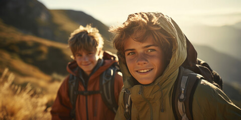 Fototapeta premium Zwei heranwachsende Jungs wandern in den Bergen 