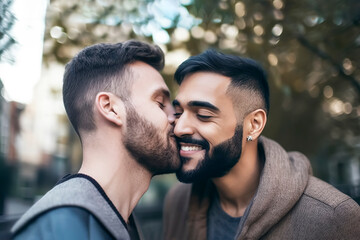 Fototapeta premium HAPPY GAY COUPLE IN THE PARK. AI ILLUSTRATION. COLOR. HORIZONTAL.