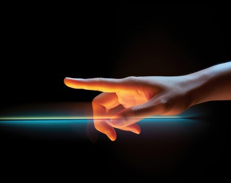  a small hand with finger on touch screen, generative artificial intelligence