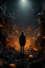 Scary Halloween pumpkin poster, medieval fantasy, epic scenes, pumpkin-filled street at night, photorealistic compositions, detailed backgrounds,  AI illustration, digital, virtual, generative
