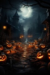 Scary Halloween pumpkin poster, medieval fantasy, epic scenes, pumpkin-filled street at night, photorealistic compositions, detailed backgrounds,  AI illustration, digital, virtual, generative