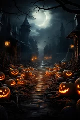 Foto op Plexiglas Scary Halloween pumpkin poster, medieval fantasy, epic scenes, pumpkin-filled street at night, photorealistic compositions, detailed backgrounds,  AI illustration, digital, virtual, generative © 9george