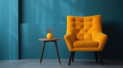 Yellow armchair with blue wall background. Generative ai