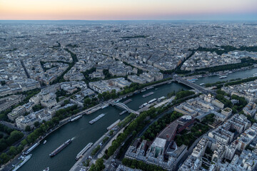 view of Seine river and streets of the city of Paris from Eiffel tower