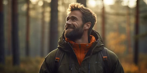 Fotobehang Mann lachend im Herbst Wald  © Karat