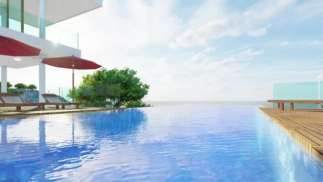 Luxury beach house with sea view swimming pool and terrace in modern design. 3D Animation. Lounge chairs on wooden floor deck in holiday home or hotel. Contemporary holiday villa exterior.
