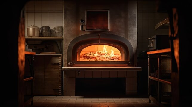 pizza oven with fire. Created with Generative AI.	
