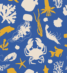 Cute sea creatures seamless pattern on a blue background. Marine underwater animal crab, jellyfish, starfish. shell, seaweed illustration. Perfect for textile wrapping paper, stationery and wallpaper