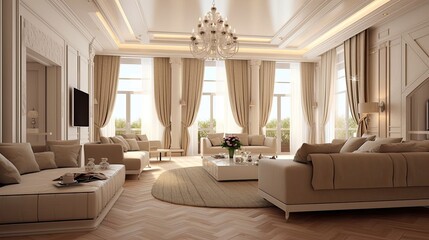Fototapeta premium Bright beige luxury living room. Generative ai