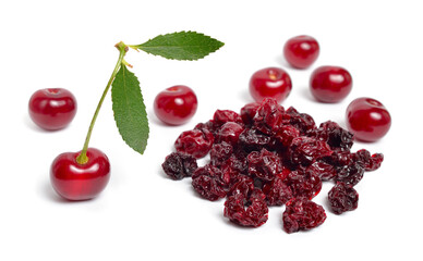 Dried cherry heap with ripe cherry. Isolated on white background