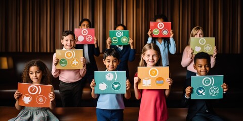 Cute and funny children holding SDG icons