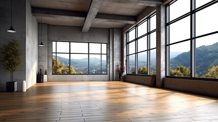 A modern contemporary loft empty room nature view. Generative ai