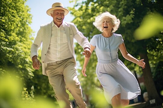 healthy living benefits senior couple jumping and walkin , generative artificial intelligence