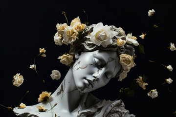 Female face white statue with roses generative ai